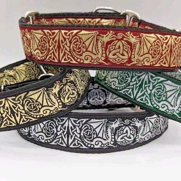 Lurcher Greyhound Saluki Whippet Martingale Dog Collar Celtic Medieval Dragon Burgundy Gold Silver Dark Green adjustable Blackrock Rosie