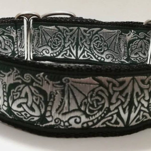 Lurcher Greyhound Saluki Whippet Martingale Dog Collar Celtic Dragon Dark Green with Silver Thread design adjustable Blackrock Rosie