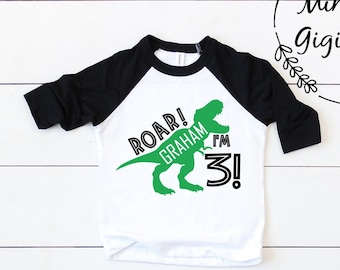 Personalized I'm THREE hear me ROAR shirt | 3rd birthday shirt | Third dinosaur birthday | T-rex birthday party shirt | Custom Dino Birthday