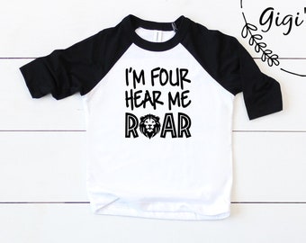 León soy CUATRO escúchame camisa ROAR / 4o cumpleaños camisa / 4o cumpleaños León / Camisa de fiesta de cumpleaños Raglan / Soy CUATRO Camisa Raglan