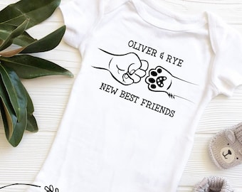 Personalized baby and fur sibling onesie, baby protected by pup, Cute custom dog and baby best buddy onesie, Paw Print and Baby fist bump
