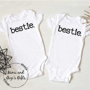 Besties Minimalist set of two bodysuits, Our mom&#39;s are best friends, Bff Funny Outfits, Baby Announcement, Twin Minimalist Gift