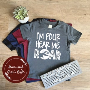 I&#39;m FOUR hear me ROAR shirt, 4th birthday shirt, Fourth Birthday dinosaur, Trex birthday party shirt, four year old shirt, Dinosaur Birthday