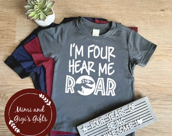 Soy CUATRO escúchame camisa ROAR, camisa de 4to cumpleaños, dinosaurio del cuarto cumpleaños, camisa de fiesta de cumpleaños Trex, camisa de cuatro años, cumpleaños de dinosaurio