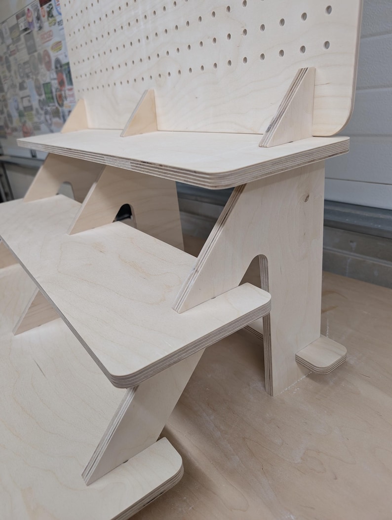 Collapsible three-tiered shelf with pegboard backer image 3