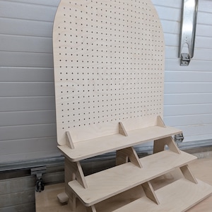 Collapsible three-tiered shelf with pegboard backer image 4