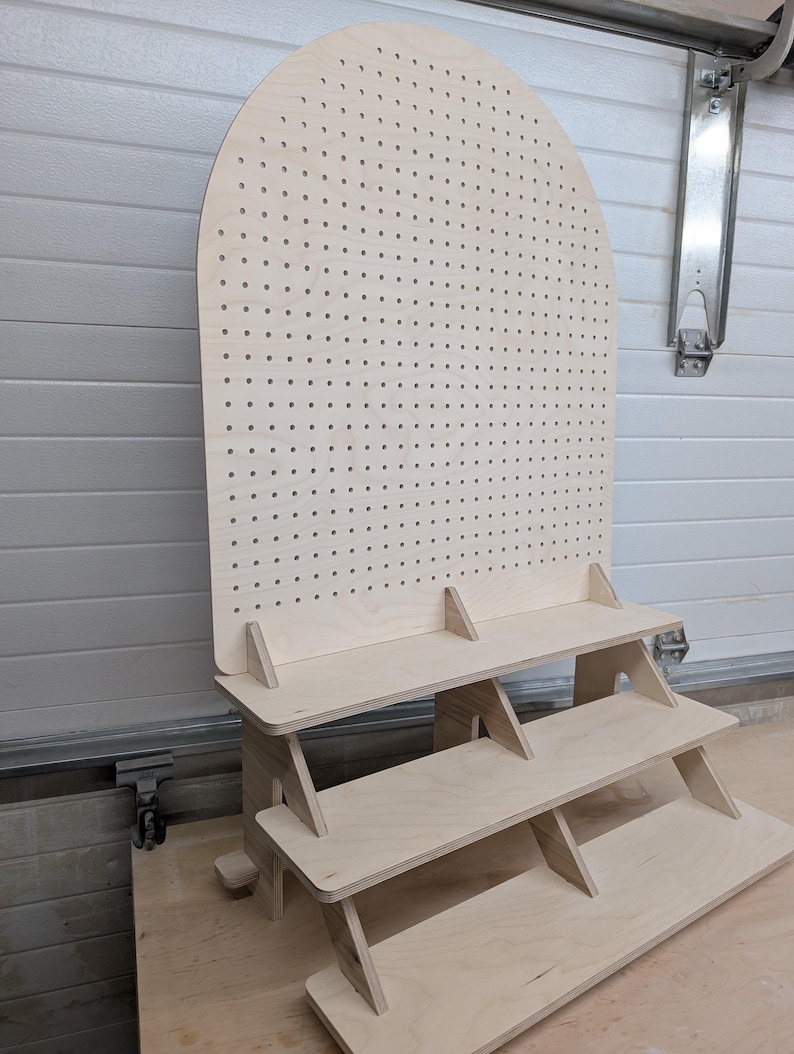 Collapsible three-tiered shelf with pegboard backer image 4