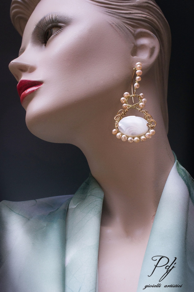 large earrings with pearl medallion Pearl ceremony earrings and mother of pearl in filled gold thread wrapped evening earrings OOAK