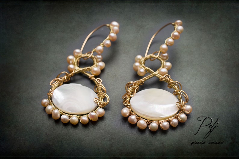 large earrings with pearl medallion Pearl ceremony earrings and mother of pearl in filled gold thread wrapped evening earrings OOAK