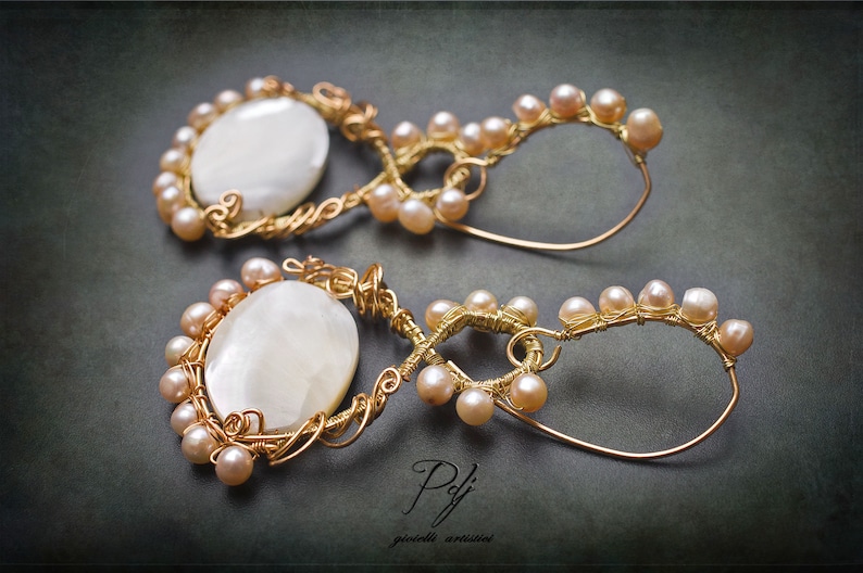 large earrings with pearl medallion Pearl ceremony earrings and mother of pearl in filled gold thread wrapped evening earrings OOAK