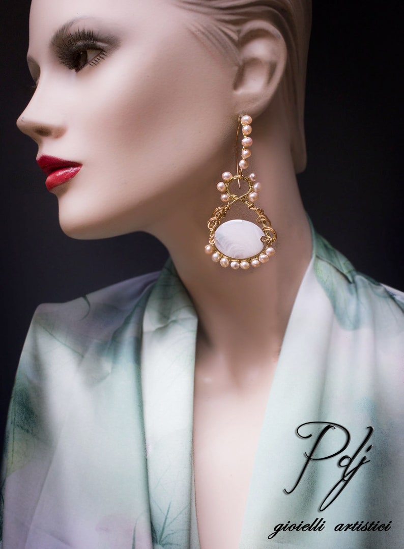 large earrings with pearl medallion Pearl ceremony earrings and mother of pearl in filled gold thread wrapped evening earrings OOAK