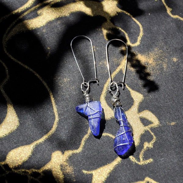 rare cobalt blue Maine sea glass wire wrapped earrings - handcrafted