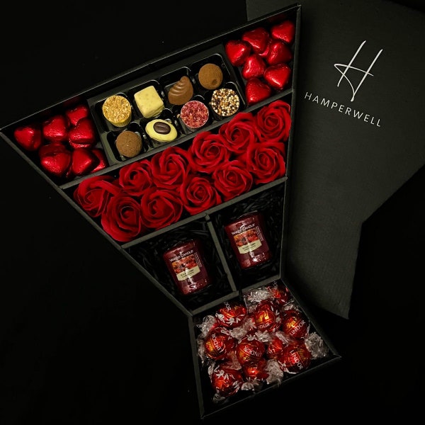 Luxury Chocolate Hamper With Red Roses, Scented Candles & Lindor Chocolate Truffles | Birthday | Thank You | Congrats Gifts