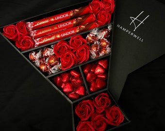 Lindt Lindor - Panier de chocolat signature Lindor avec roses rouges | Cadeau parfait pour un anniversaire, un merci, des félicitations et plus encore