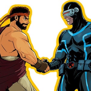 May include: Comic book illustration of two male figures shaking hands. One figure has a beard, headband, and maroon clothing. The other figure wears a black and blue superhero suit with a visor. The background is yellow.