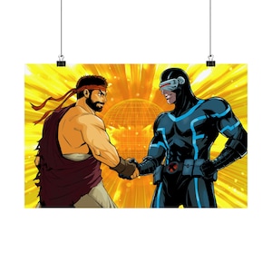May include: A digital illustration of two characters shaking hands. The character on the left is a muscular man with a red headband and a brown beard. The character on the right is a man wearing a blue and black suit with a blue visor.