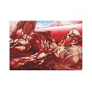 May include: An anime-style illustration of a person lying down, covered in red liquid. The person has blonde hair, orange eyes, and is looking up. The background shows a red landscape and a blue sky with clouds.