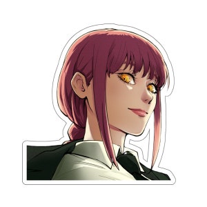 May include: A woman with pink hair and yellow eyes is wearing a white shirt with a black tie and a dark jacket. She is looking to the side with a slight smile.