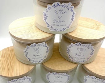 Personalized Wedding Candle Favors | 4 oz Glass Jar with Etched Wooden Lid