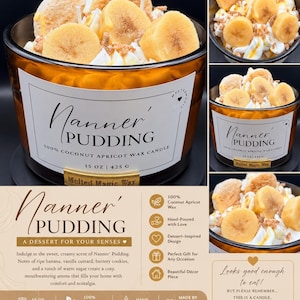 Nanner’ Pudding-ljus, banan- och dessertljus, handgjort kokos- och aprikosvaxljus, unik matgåva, 450 ml ljus