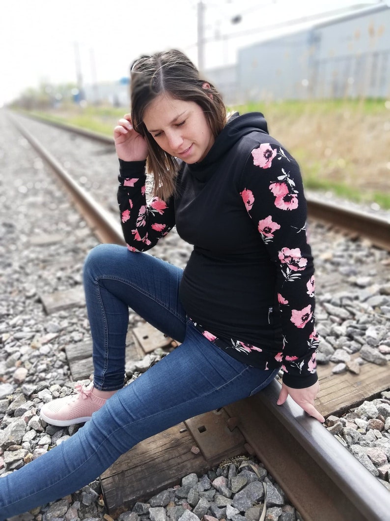 hoodies long sweater MLcreation Black Cathou sweater black floral coral hooded