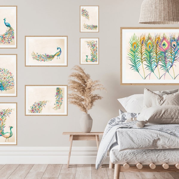 Printable wall art set, vintage style, peacock, watercolor, gallery, Bright Colorful Peacock Art Set Of 7, Digital Download