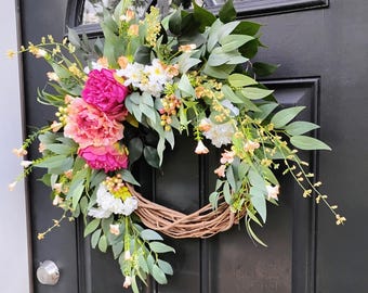 Asymmetrical Cottage Wreath, Spring Summer Door Decor, Mother's Day Gift