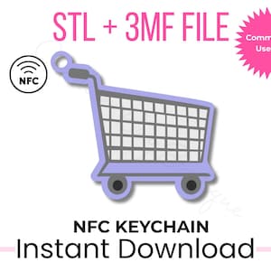 Pode incluir: Um design de chaveiro de carrinho de compras lilás claro com o texto "NFC KEYCHAIN Instant Download". A imagem também inclui o texto "STL + 3MF FILE" e uma estrela rosa com "Commercial Use OK".