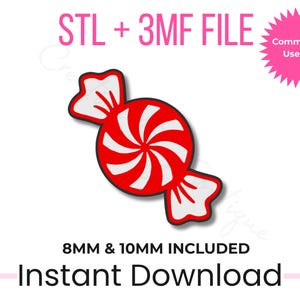 May include: A red and white peppermint candy design with the text "STL + 3MF FILE" and "Commercial Use OK". The candy is a spiral design with white and red stripes. The text "Instant Download" is also included.