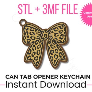 Può includere: Un portachiavi apri-lattine a forma di fiocco con stampa leopardata marrone e beige. Il portachiavi ha un piccolo anello nella parte superiore per l'attacco. È visibile anche il testo "STL + 3MF FILE" e "CAN TAB OPENER KEYCHAIN Instant Download".