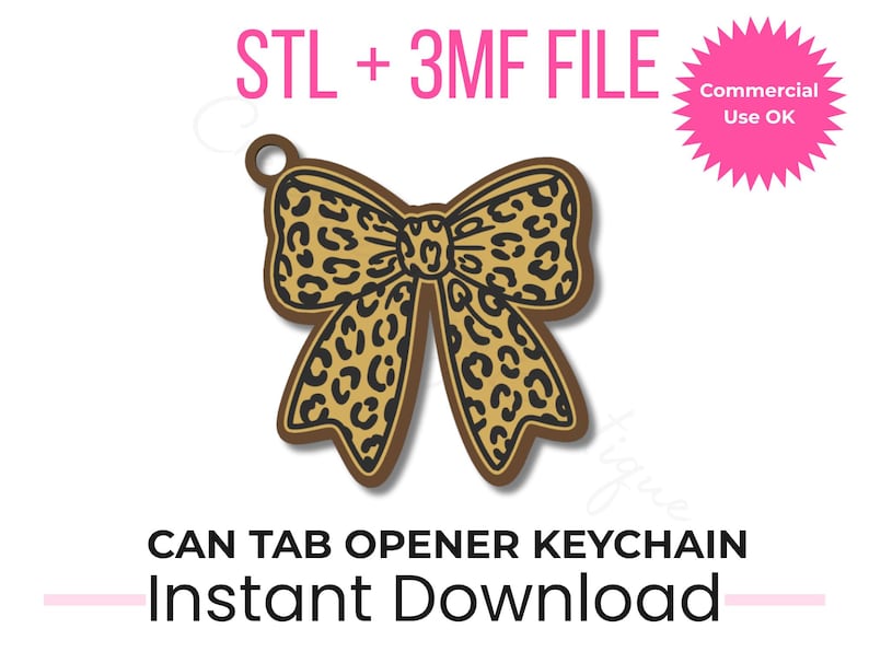 Puede incluir: Un llavero abridor de latas en forma de lazo con estampado de leopardo marr&oacute;n y beige. El llavero tiene un peque&ntilde;o lazo en la parte superior para sujetarlo. Tambi&eacute;n se ve el texto "STL + 3MF FILE" y "CAN TAB OPENER KEYCHAIN Instant Download".