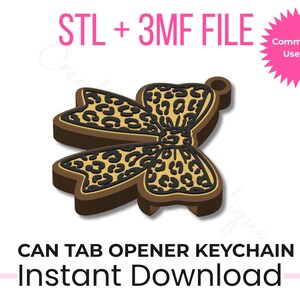 Puede incluir: Un llavero abridor de latas en forma de lazo marr&oacute;n y beige con un dise&ntilde;o de estampado de leopardo. La imagen incluye el texto "STL + 3MF FILE", "Commercial Use OK" y "CAN TAB OPENER KEYCHAIN Instant Download".