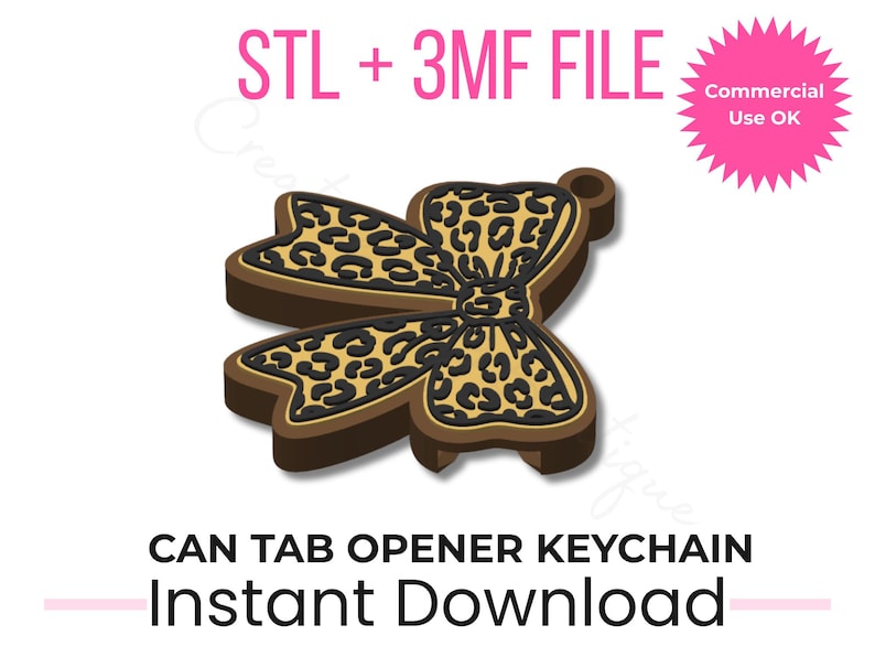 Puede incluir: Un llavero abridor de latas en forma de lazo marr&oacute;n y beige con un dise&ntilde;o de estampado de leopardo. La imagen incluye el texto "STL + 3MF FILE", "Commercial Use OK" y "CAN TAB OPENER KEYCHAIN Instant Download".