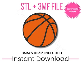 Może przedstawiać: Pomarańczowa grafika koszykówki z czarnymi liniami na białym tle. Tekst zawiera "STL + 3MF FILE", "Commercial Use OK", "8MM & 10MM INCLUDED" i "Instant Download".