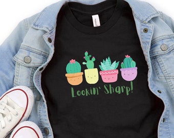 Kids Gender Neutral Short Sleeve Graphic Tee | Lookin Sharp Cactus Graphic Tee | Kids Shirt | Cool Kids Shirt