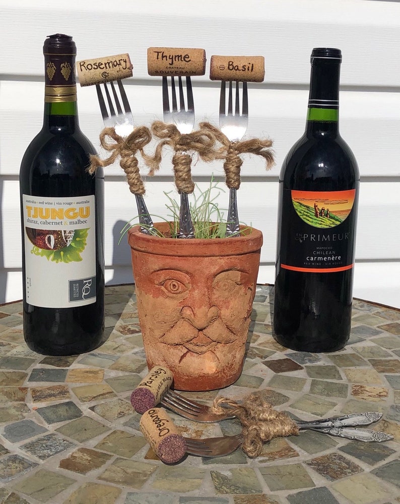 Wine Cork Herb Marker Fork Garden Marker Hand Burned Herb Etsy