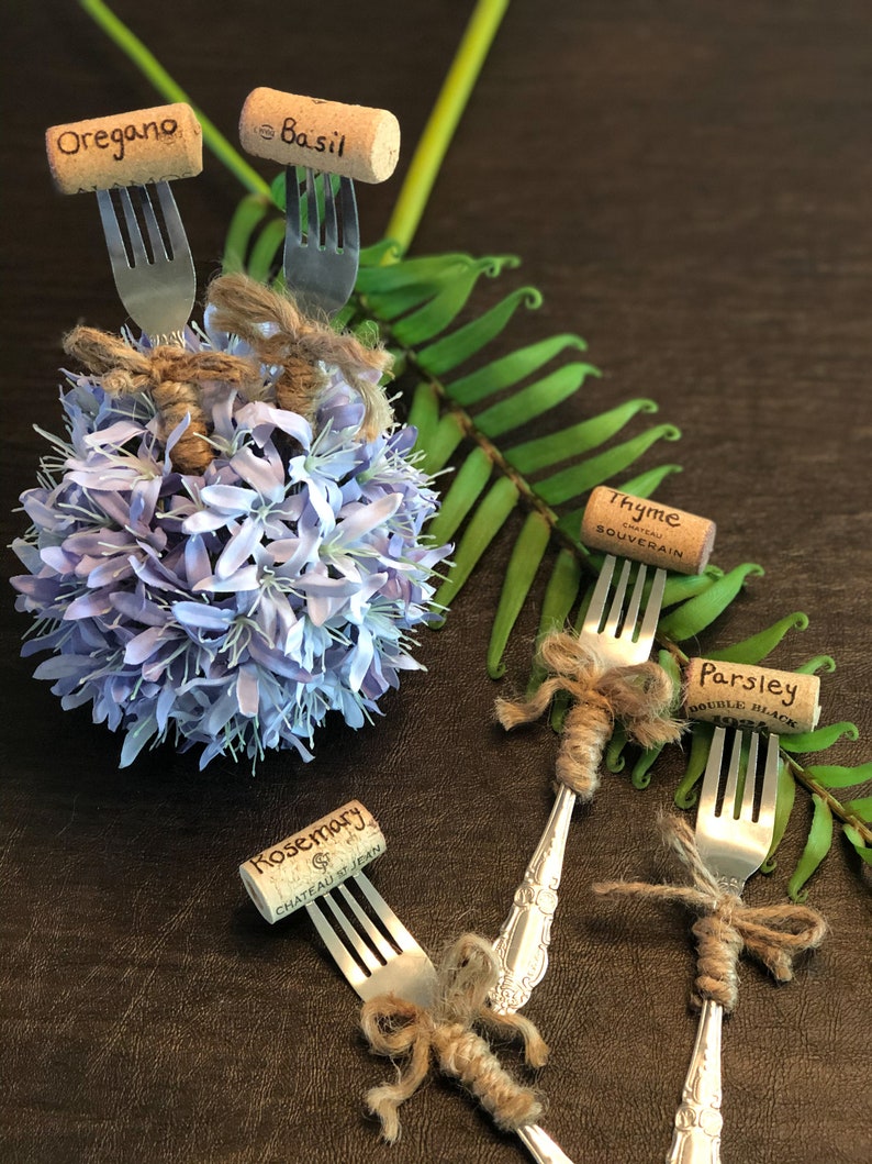 Wine Cork Herb Marker Fork Garden Marker Hand Burned Herb Etsy