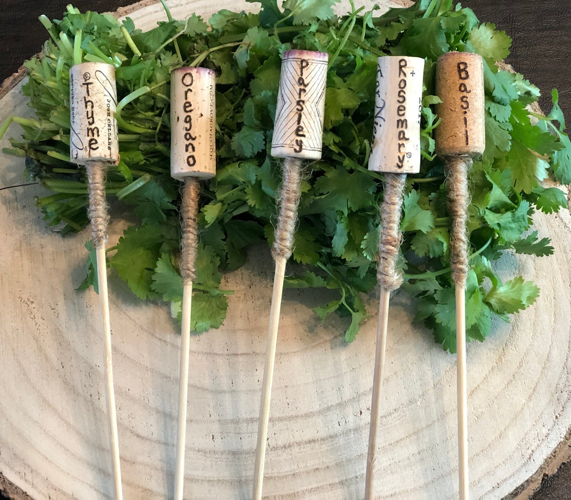 Wine Cork Herb Markers Hand Burned Garden Markers Garden Etsy