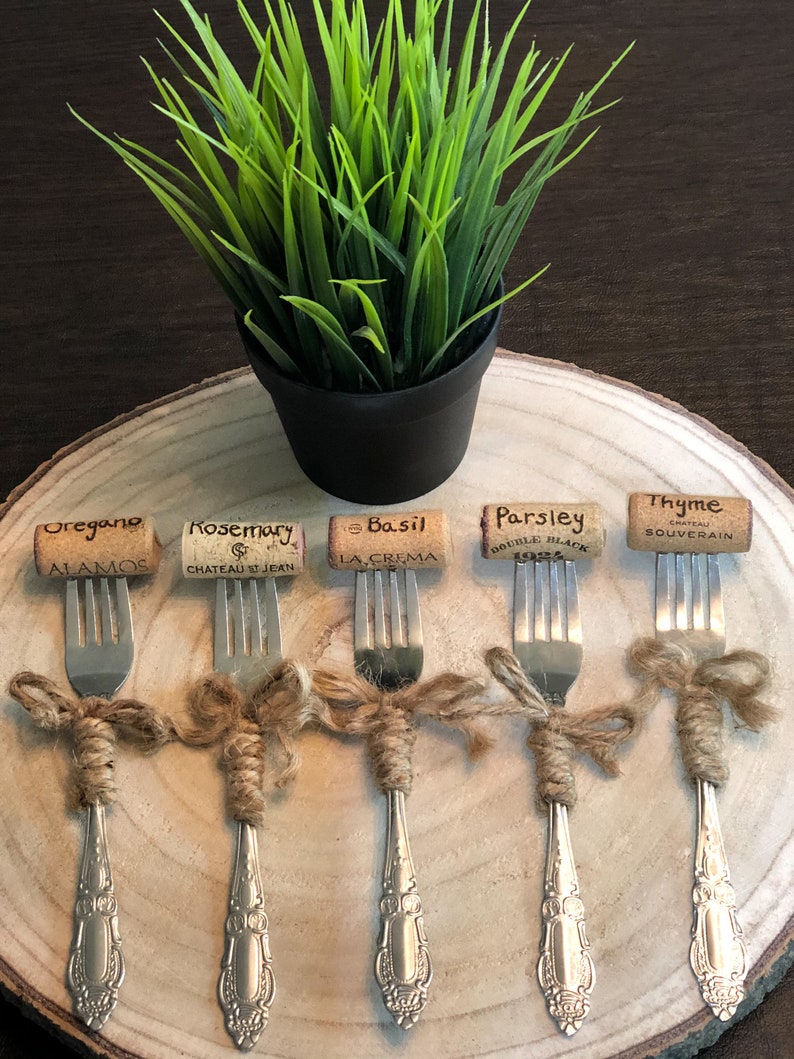Wine Cork Herb Marker Fork Garden Marker Hand Burned Herb Etsy