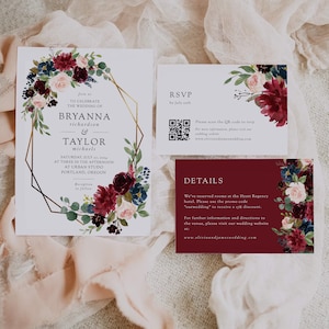 Burgundy Navy Gold Geometric Frames Floral Wedding Invitation, Burgundy Wedding Invite Suite, Printable RSVP, Instant Download BDW054