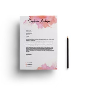 Plantilla de membrete para empresa personal en formato carta y A4 de Microsoft Word con nombre escrito en acuarela, descarga instantánea, L021