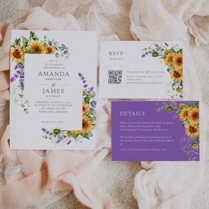 Sunflower Lavender Floral Frame Wedding Invitation Template, Sunflower Wedding Invite Suite, Printable RSVP, Instant Download BDW053