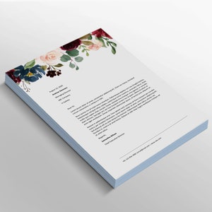 Microsoft Word Borgonha Marinha Floral Carta Digitando Papel Carta e Tamanhos A4 Modelo de Papel Timbrado para Negócios Pessoais, Download Instantâneo, L039