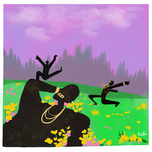 Op de afbeelding: Een digitale illustratie met drie zwarte silhouetten tegen een levendige groene weide vol gele en roze bloemen. De figuur op de voorgrond draagt gouden kettingen en armbanden. Een paarse lucht met een bosrand vormt de achtergrond.