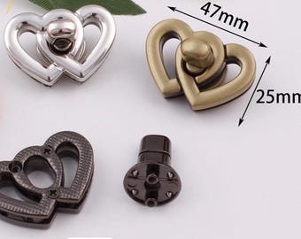 Bagmaking Hardware DESTASH - 2 Double Heart Shaped Turn Locks - Gunmetal Antique Gold