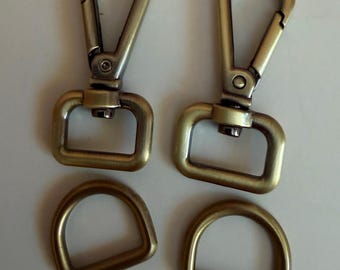 BAGMAKING DESTASH - 3/4” Swivel Snap Hooks and D Rings -Smooth Antique Gold Finish - 4 pieces