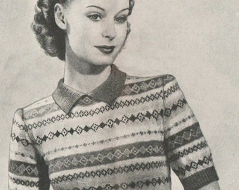 Vintage Knitting Pattern Lady's 1940s Fair Isle Jumper. Short Sleeves.