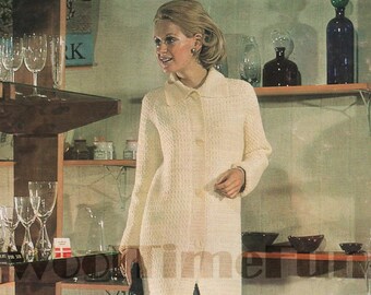 Veste longue cardigan manteau vintage pour femmes, motif crochet. Laine DK.
