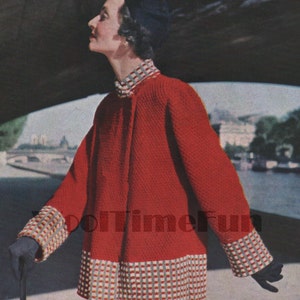 Vintage Knitting Pattern Womens 1950s Swing Coat Chequered Cuffs & Edging. 35&quot;-37&quot; Bust