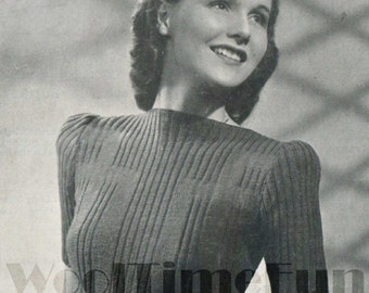Knitting Pattern Vintage 1940s Lady's Ribbed Jumper. Long & Short Sleeves.